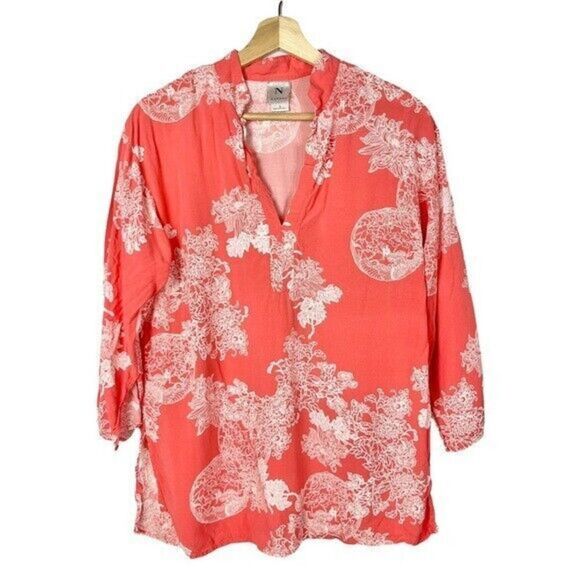Natori Coral Pink White Floral 3/4 Long Sleeve Blouse S - Picture 1 of 3